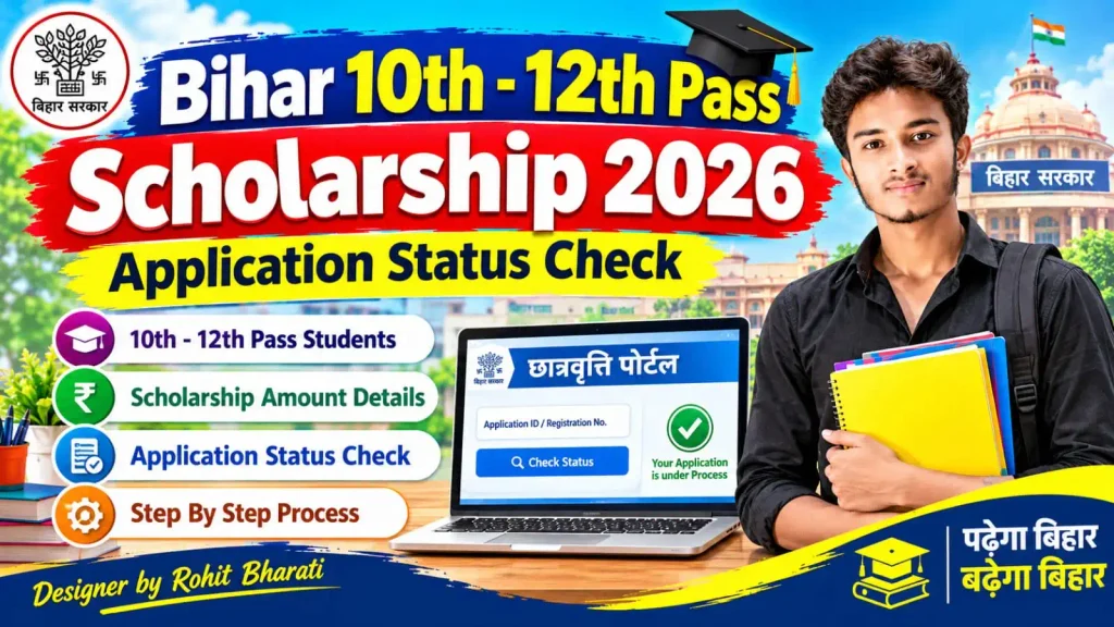 Bihar Scholarship 2026 for 10th–12th pass students showing application status check, scholarship amount details, step-by-step process, and student scholarship portal.