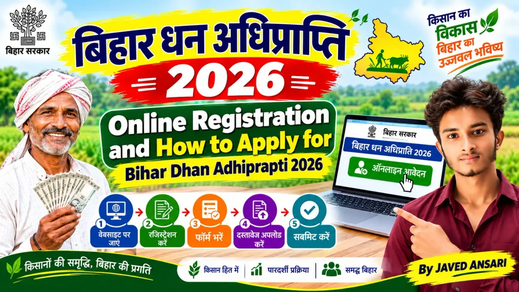 Bihar Dhan Adhiprapti 2026 का पोस्टर, जिसमें ऑनलाइन रजिस्ट्रेशन, आवेदन प्रक्रिया, दस्तावेज अपलोड और सबमिट करने की जानकारी के साथ किसान, लैपटॉप और JAVED ANSARI की फोटो दिखाई गई है।