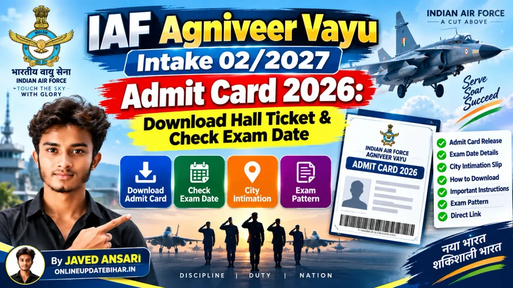 IAF Agniveer Vayu Intake 02/2027 Admit Card 2026 का पोस्टर, जिसमें Hall Ticket Download, Exam Date, City Intimation, Exam Pattern और Admit Card की जानकारी के साथ भारतीय वायु सेना का विमान तथा JAVED ANSARI की फोटो दिखाई गई है।