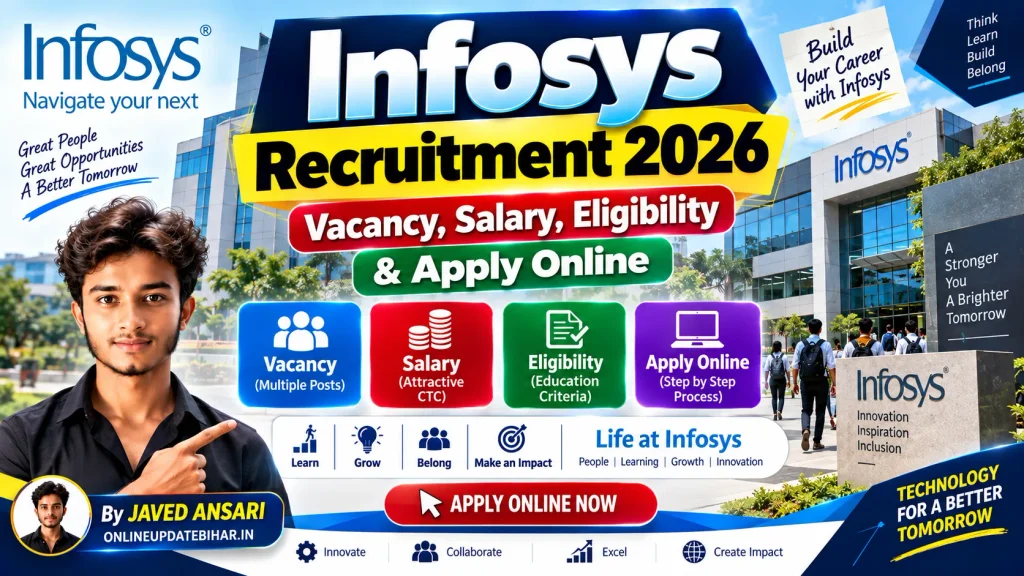 Infosys Recruitment 2026 का प्रीमियम भर्ती पोस्टर, जिसमें Vacancy, Salary, Eligibility और Apply Online की जानकारी के साथ Infosys करियर थीम और लेखक की फोटो दिखाई गई है।