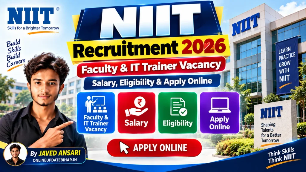 NIIT Recruitment 2026 का प्रीमियम पोस्टर, जिसमें Faculty & IT Trainer Vacancy, Salary, Eligibility और Apply Online की जानकारी के साथ NIIT का कैंपस, IT ट्रेनर और JAVED ANSARI की फोटो दिखाई गई है।