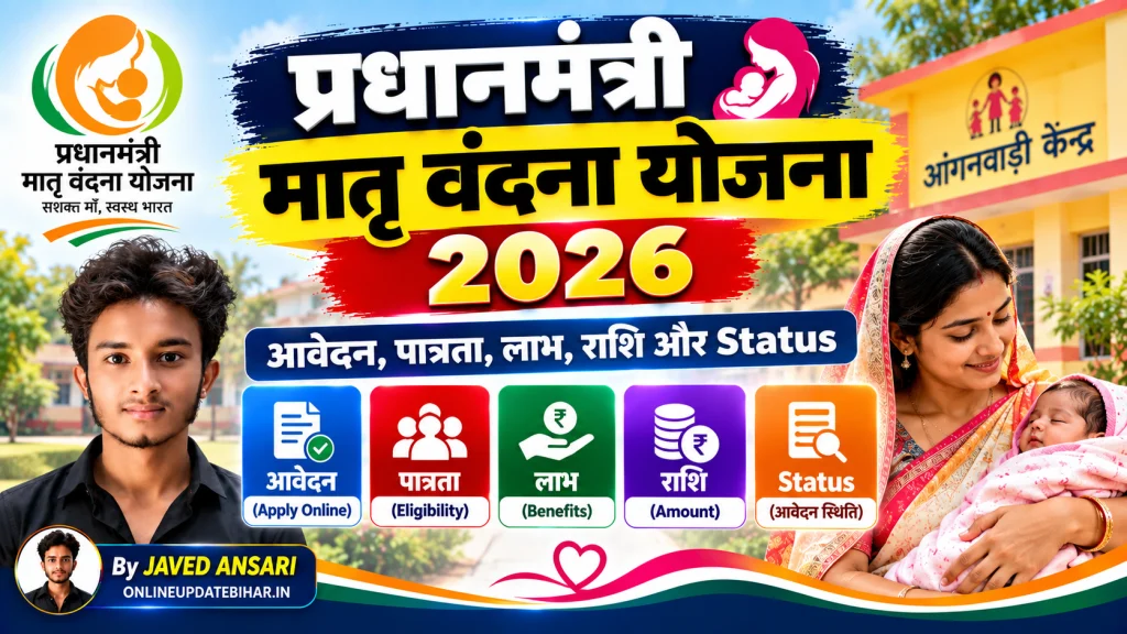 Pradhan Mantri Matru Vandana Yojana 2026 का पोस्टर, जिसमें आवेदन, पात्रता, लाभ, राशि और Status की जानकारी के साथ योजना का लोगो, माँ और बच्चे की तस्वीर तथा JAVED ANSARI की फोटो दिखाई गई है।