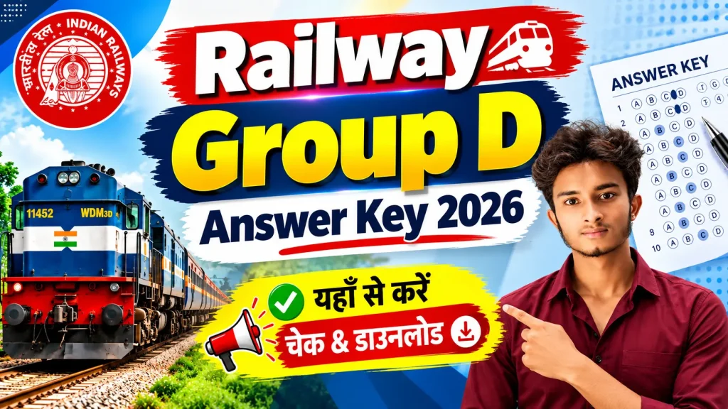 Railway Group D Answer Key 2026 का पोस्टर, जिसमें Answer Key चेक और डाउनलोड करने की जानकारी, भारतीय रेलवे की ट्रेन, उत्तर पुस्तिका और JAVED ANSARI की फोटो दिखाई गई है।