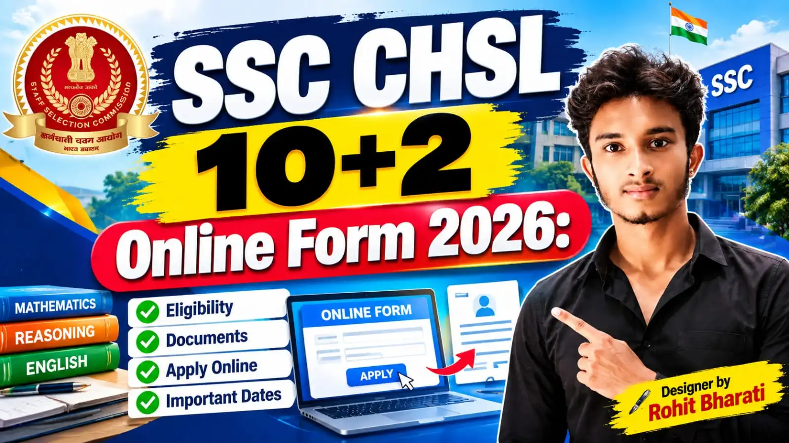 SSC CHSL 10+2 Online Form 2026 – Eligibility, Documents, Apply Online और Important Dates की जानकारी वाला SSC भर्ती पोस्टर।