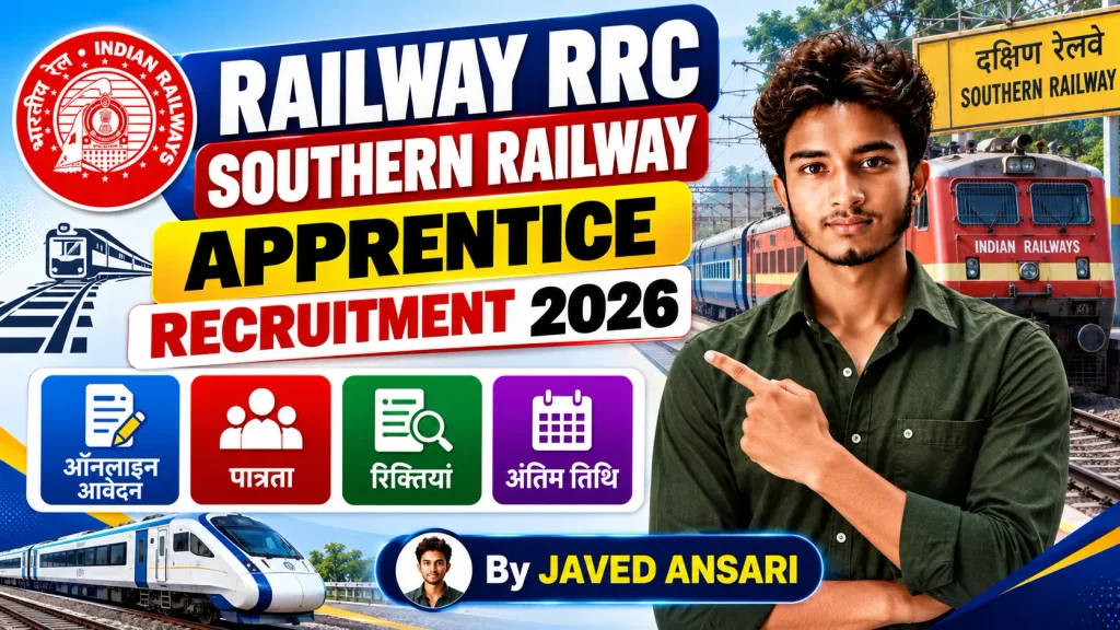 Railway RRC Southern Railway Apprentice Recruitment 2026 का पोस्टर, जिसमें ऑनलाइन आवेदन, पात्रता, रिक्तियां और अंतिम तिथि की जानकारी तथा JAVED ANSARI की फोटो दिखाई गई है।