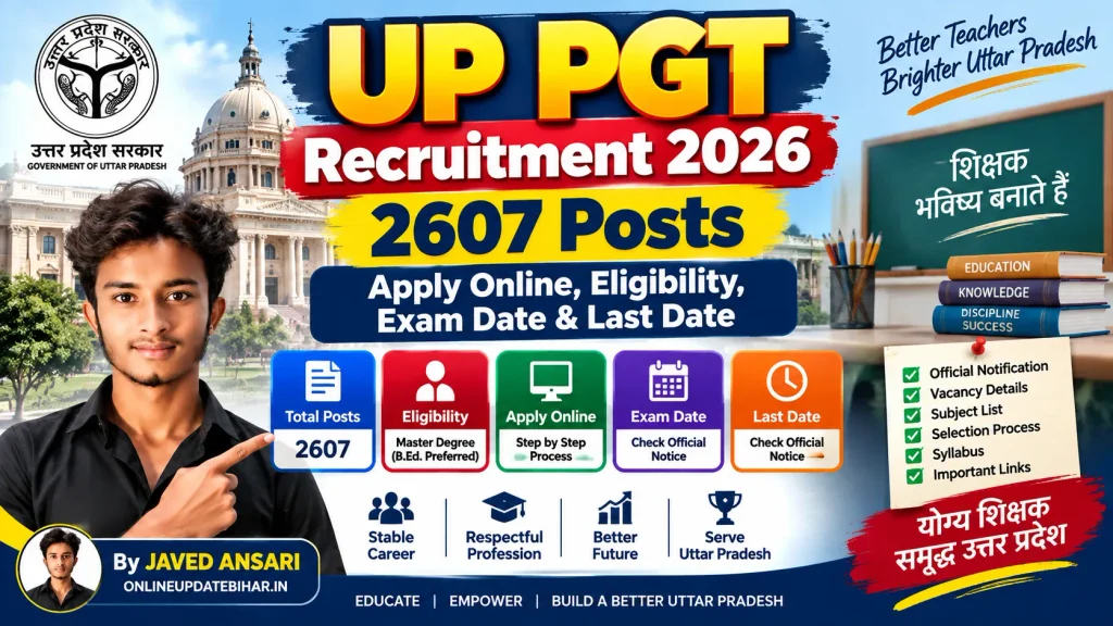UP PGT Recruitment 2026 का पोस्टर, जिसमें 2607 पद, ऑनलाइन आवेदन, पात्रता, परीक्षा तिथि, अंतिम तिथि और चयन प्रक्रिया की जानकारी के साथ उत्तर प्रदेश सरकार, शिक्षक और JAVED ANSARI की फोटो दिखाई गई है।