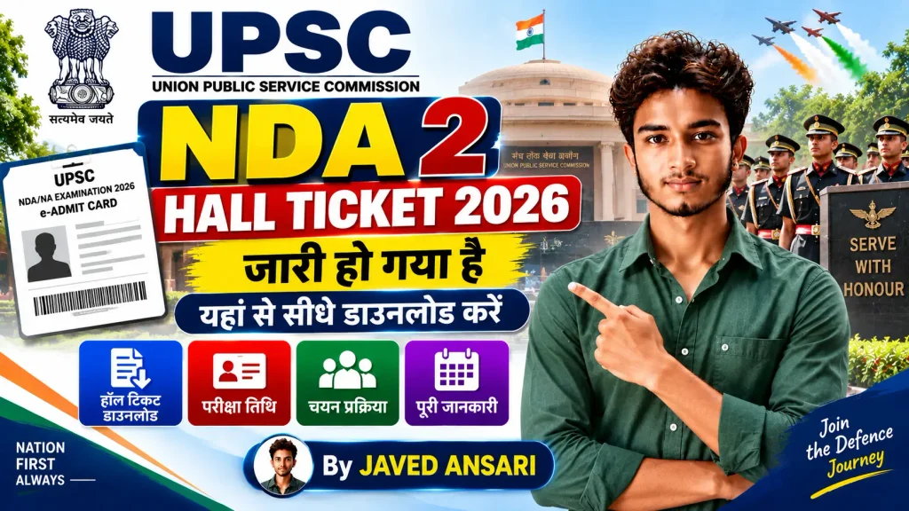 UPSC NDA 2 Hall Ticket 2026 का पोस्टर, जिसमें हॉल टिकट जारी होने, सीधे डाउनलोड करने और परीक्षा संबंधी जानकारी के साथ UPSC, NDA 2, e-Admit Card और JAVED ANSARI की फोटो दिखाई गई है।
