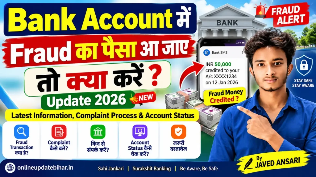 Bank Account में Fraud का पैसा आ जाए तो क्या करें 2026, Fraud Money Complaint Process, Account Status Check और Latest Banking Information की जानकारी।